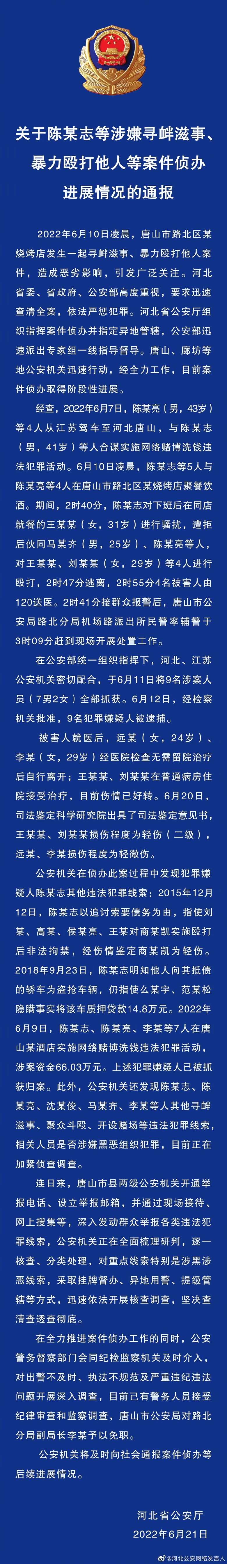 關(guān)于陳某志等涉嫌尋釁滋事、暴力毆打他人等案件偵辦進(jìn)展情況的通報(bào)