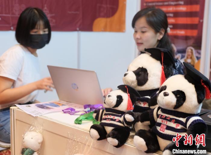 北京理工大學帶來可愛熊貓玩偶，頗為吸睛 陳悅 攝