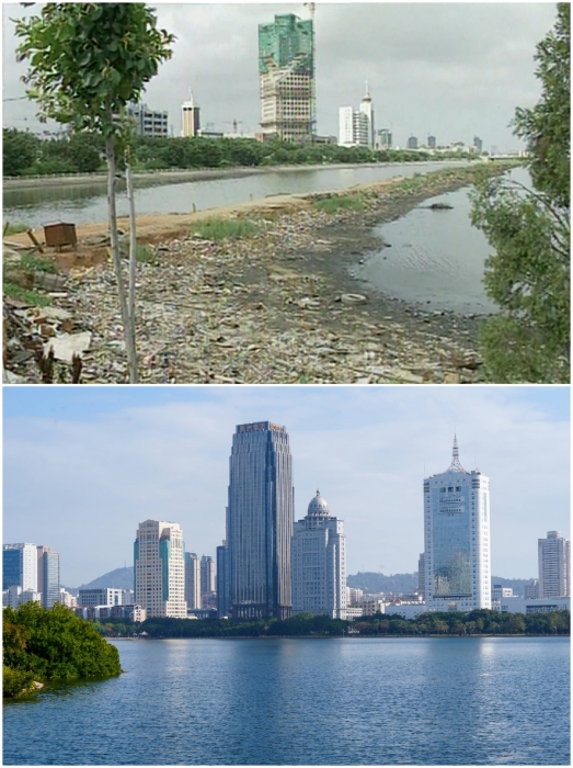 上圖：筼筜湖治理前資料圖。下圖：筼筜湖如今的美麗風(fēng)光。人民網(wǎng)記者 吳超嵐攝