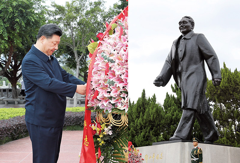 2020年10月14日，習(xí)近平總書記向深圳蓮花山公園鄧小平同志銅像敬獻(xiàn)花籃。