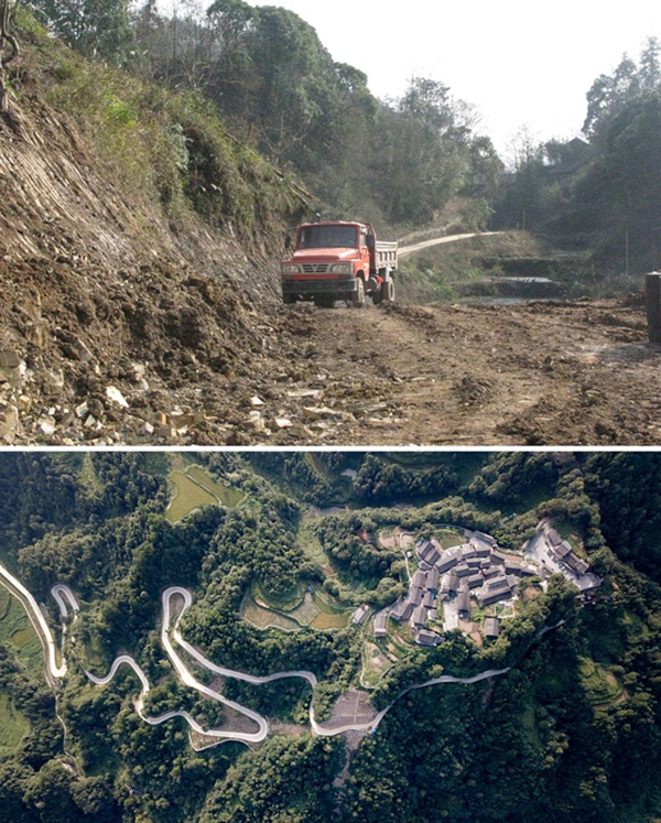 拼版照片：上圖為2011年12月拍攝的湖南省湘西土家族苗族自治州花垣縣十八洞村進村道路；下圖為2019年9月拍攝的十八洞村及進村道路。