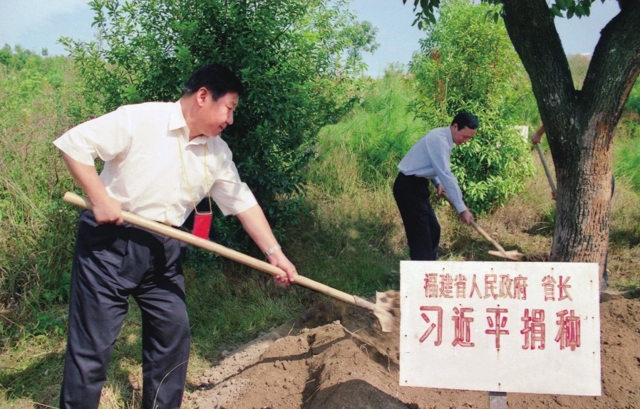 2001年10月，習(xí)近平在龍巖市長汀縣調(diào)研水土流失治理工作，在河田世紀生態(tài)園為樹培土。圖源：《習(xí)近平在福建（下）》