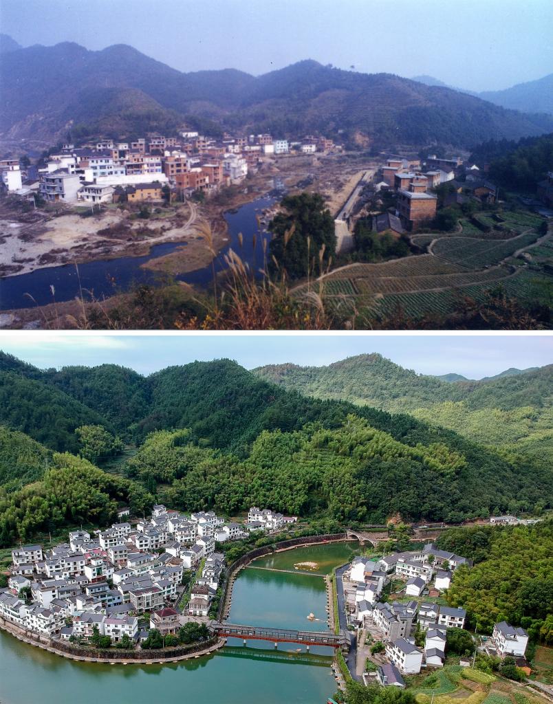 圖為浙江省杭州市淳安縣楓樹嶺鎮(zhèn)下姜村拼版圖，其中上圖為資料照片、下圖由新華社記者張鋮攝。