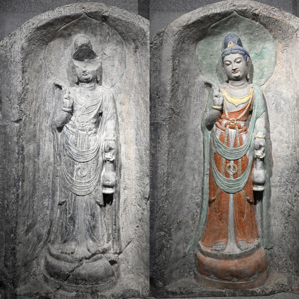 左圖為龍門石窟萬佛洞窟前南壁菩薩造像的3D打印模型；右圖為利用數(shù)字化技術(shù)復(fù)原后的3D打印模型（2025年4月10日攝，拼版照片）。復(fù)原后的像龕精妙絕倫，栩栩如生，被游客譽(yù)為“龍門最美菩薩”。圖片來源新華社