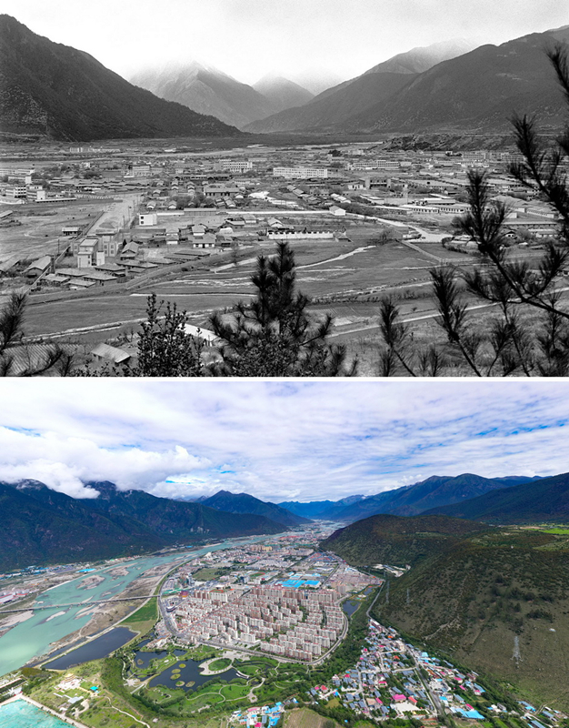 拼版照片：上圖是20世紀(jì)90年代的西藏林芝八一鎮(zhèn)；下圖是2021年7月20日拍攝的西藏林芝八一鎮(zhèn)風(fēng)貌。