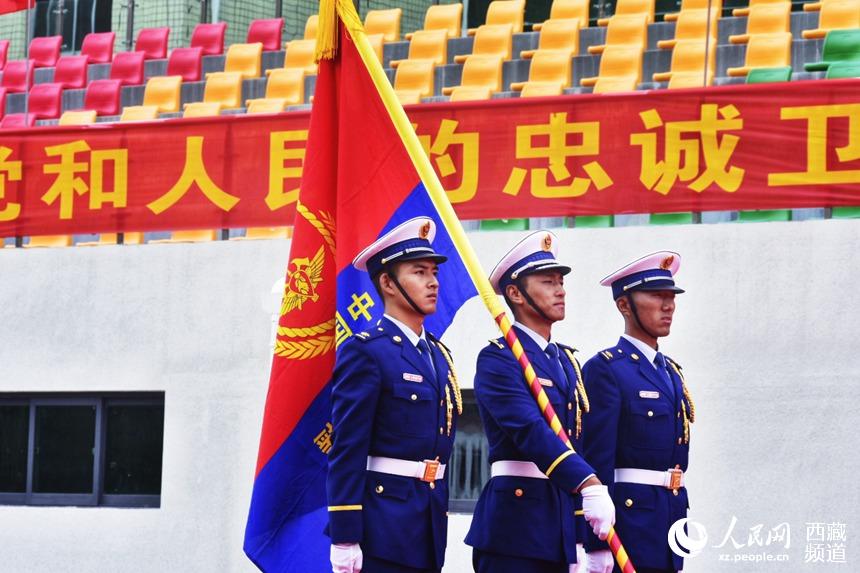 迎國家綜合性消防救援隊(duì)伍隊(duì)旗。人民網(wǎng) 李海霞 攝