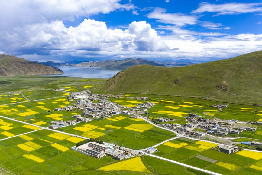 航拍道布龍村，依山傍水，阡陌縱橫。